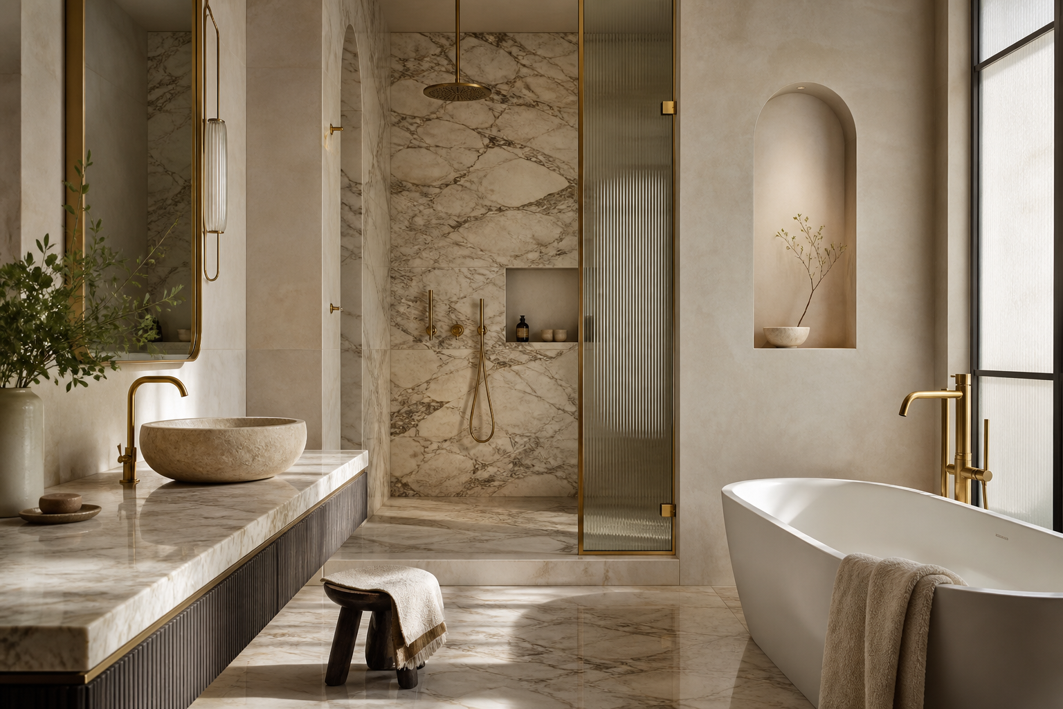 Bagno in marmo con finiture in ottone