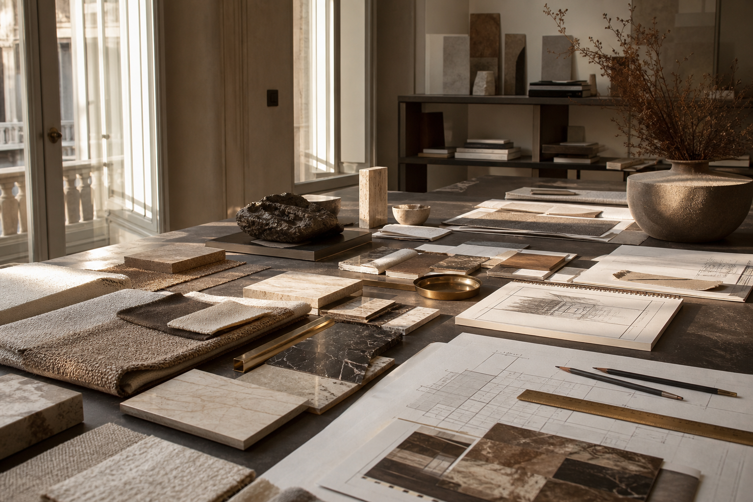 Tavolo da lavoro dello studio con campioni di materiali e moodboard